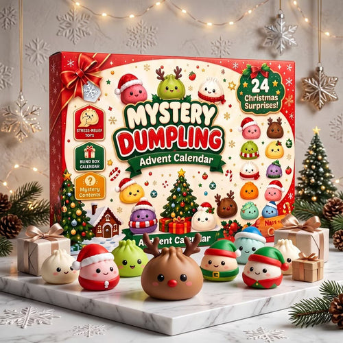 Christmas Dumpling Advent Calendar box with squishy holiday dumplings on marble