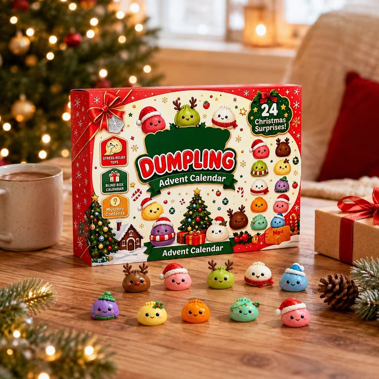 Dumpling advent calendar with dumplings lined up on a festive wood table